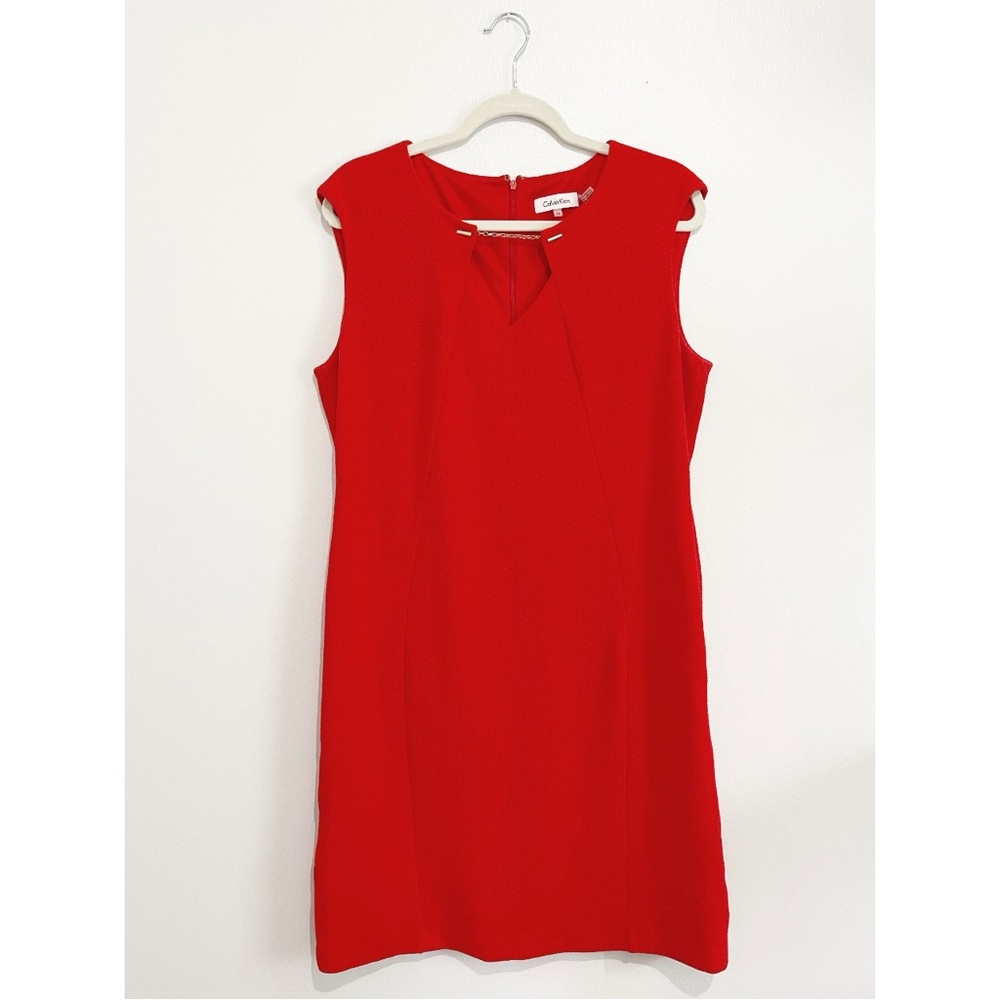 Calvin Klein Red Women's Sheath Dress Gold Tone Chain Detail Neckline Size 14